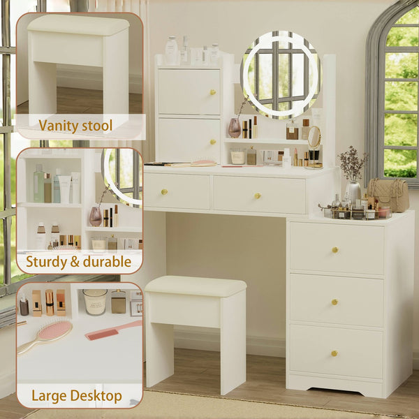 English Elm Fashion Vanity Desk With Adjustable Led Mirror, Cushioned Chair & Ample Storage For Effortless Beauty W2699P214617