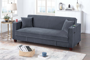 English Elm 1pc Corduroy Convertible Sofa with Storage Base Usb Port Cup Holders Wood Legs Dark Gray B011P430416