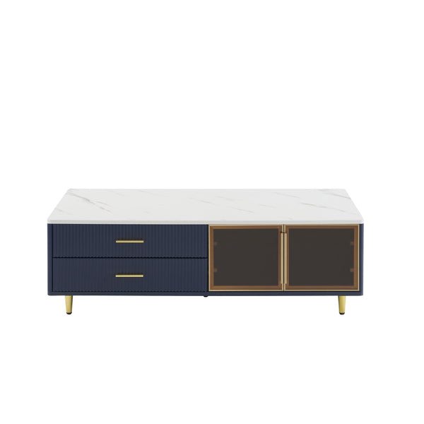 English Elm Modern Blue MDF Coffee Table 47.2" with Marble White Top, Gold Legs, 2 Glass Doors, 4 Drawers, LED N735P167910