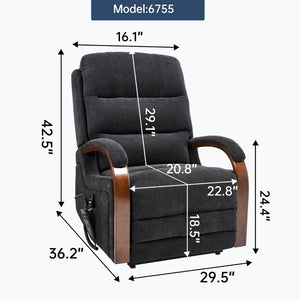 English Elm Power Lift Recliner Chair Chenille Upholstery Dual Motor Heat Massage Solid Wood Arms Black W1803S00076