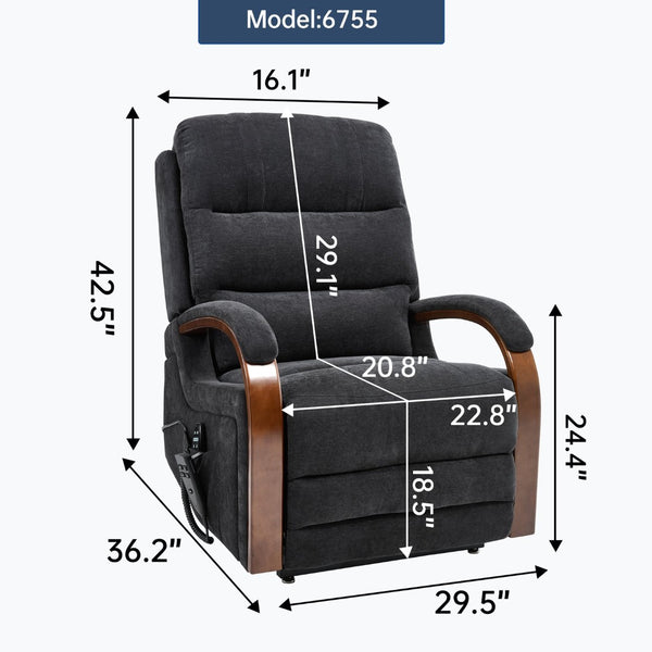 English Elm Power Lift Recliner Chair Chenille Upholstery Dual Motor Heat Massage Solid Wood Arms Black W1803S00076