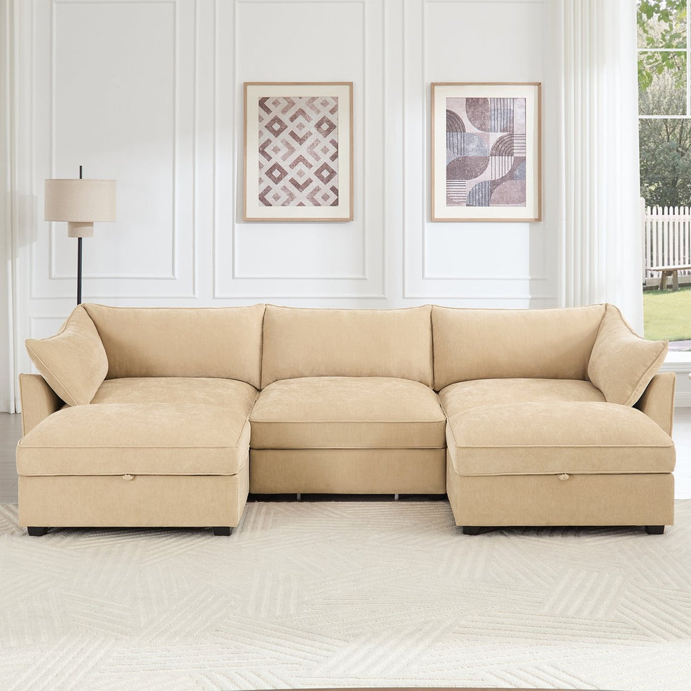 English Elm U-shaped Chenille Wheat 3-Seater Deep-Seat Sofa with Hidden Storage Drawers, Crescent Arm Styling W3041S00177