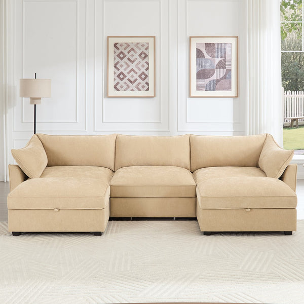 English Elm U-shaped Chenille Wheat 3-Seater Deep-Seat Sofa with Hidden Storage Drawers, Crescent Arm Styling W3041S00177