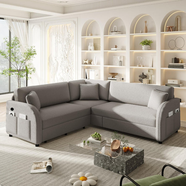 English Elm 85.1" Teddy Plush L-shaped Sectional Sleeper Sofa with Usb Ports and Pull Out Bed Light Grey W1885S00320