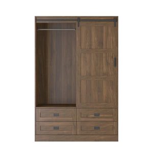 English Elm Tall Farmhouse Wardrobe Armoire with Sliding Barn Doors Drawers and Hanging Rod Wood W1321S00050