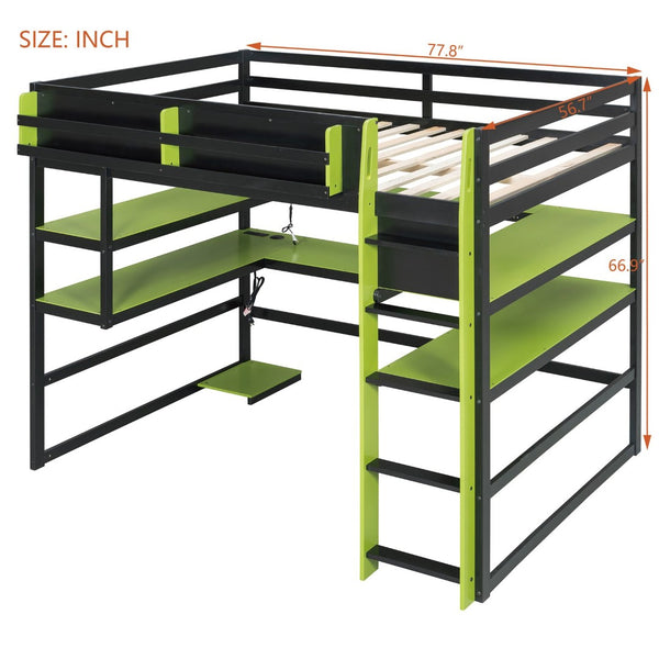 English Elm Full Size Gaming Loft Bed with Rgb Lights Wraparound Shelves and Built-in Usb Ports Green LT000299AAF