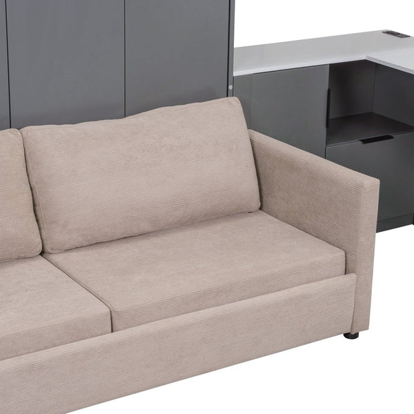 English Elm Queen Murphy Wall Bed Hydraulic Lift Velvet Sofa Built-in Shelves Led Studio Unit Dark Gray LP000392AAE