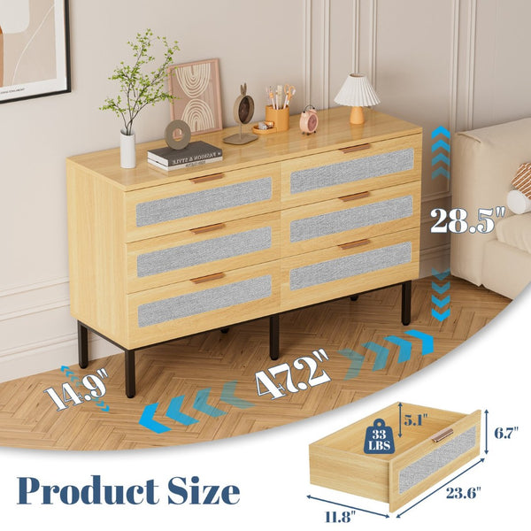 English Elm 6 Drawer Oak Dresser with Linen Fronts and Metal Legs for Modern Bedroom Storage T3773P422847