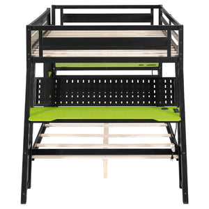 English Elm Full Size Gaming Bunk Bed with Dual Desks Usb Charging Ports and Pegboard Storage Green LT000274AAG
