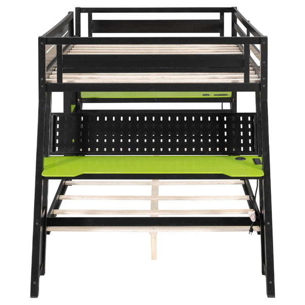 English Elm Full Size Gaming Bunk Bed with Dual Desks Usb Charging Ports and Pegboard Storage Green LT000274AAG