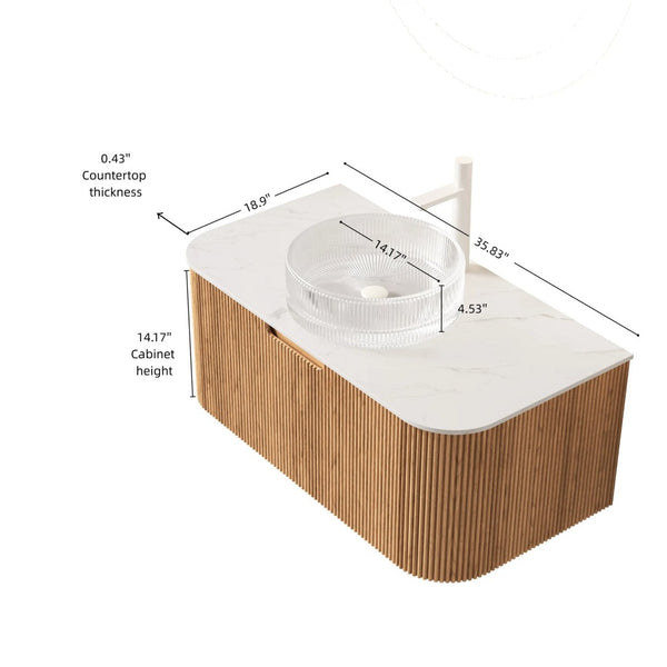 English Elm Dina Floating Bathroom Vanity Sintered Stone Top Glass Basin Striped Plywood Cabinet W2615S00446