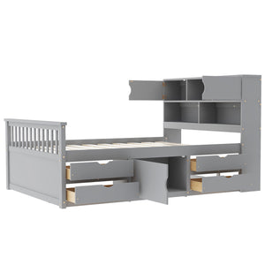 English Elm Full Size Captain Platform Bed Frame With Storage, Bookcase Headboard & Configurable Drawers, Gray N7090000473E