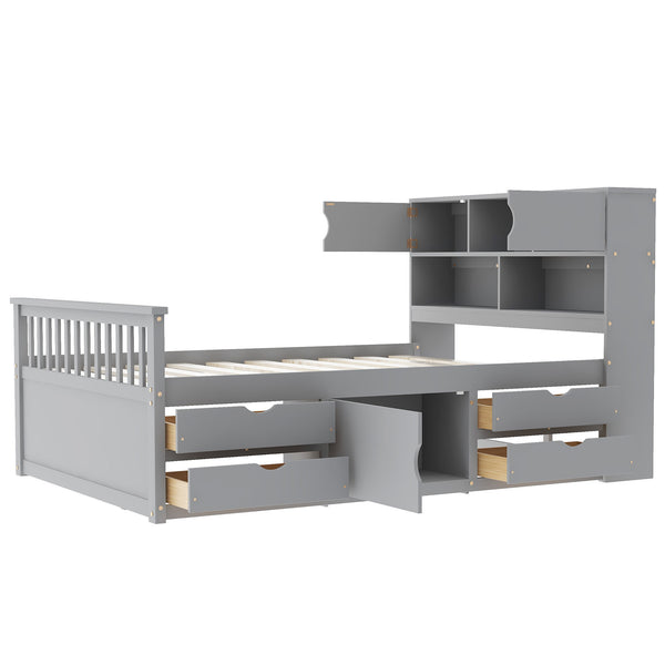 English Elm Full Size Captain Platform Bed Frame With Storage, Bookcase Headboard & Configurable Drawers, Gray N7090000473E