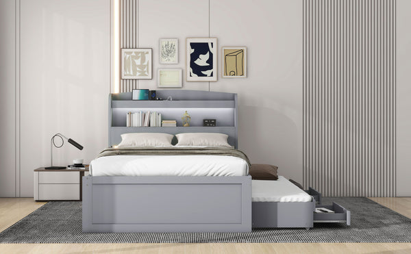 English Elm Twin XL Platform Bed with LED Headboard, Built-In Charging Station, Trundle & 2 Drawers for Space-Saving Bedrooms Gray GX001829AAE