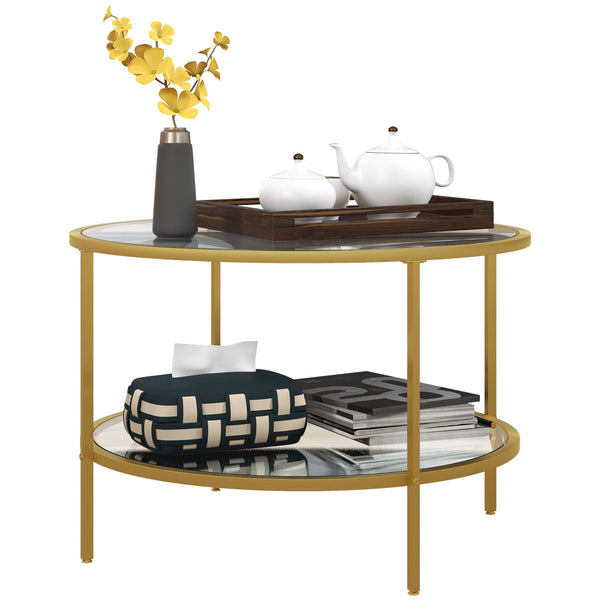 English Elm Homcom Gold Round Side Table With 2-Tier Glass Shelves, Stylish Storage For Modern Living Room Decor W2225P217456