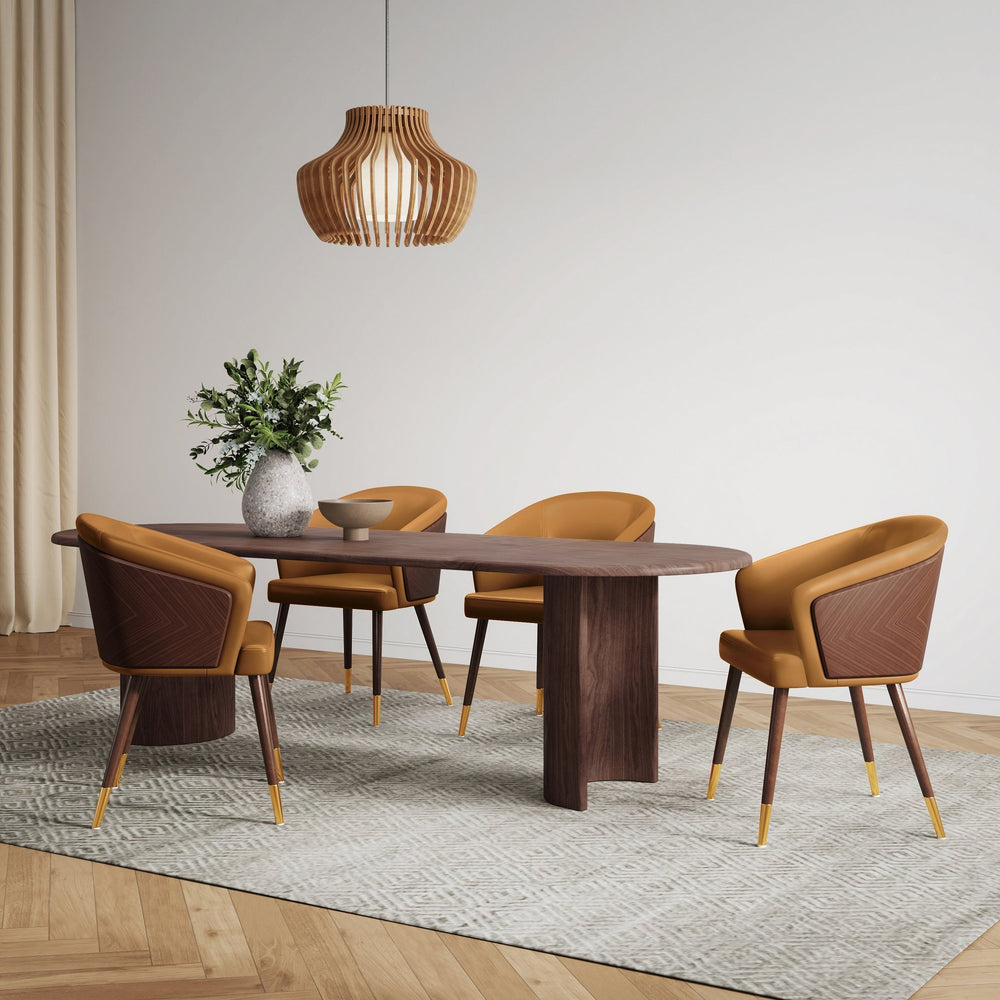 English Elm Modern Reeva Dining Chair Camel Leatherette Upholstered, Beech Back, Solid Walnut Legs, Gold Tips B365P398268