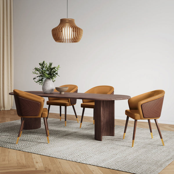 English Elm Modern Reeva Dining Chair Camel Leatherette Upholstered, Beech Back, Solid Walnut Legs, Gold Tips B365P398268