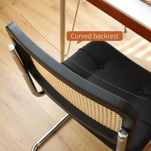 English Elm Dining Mid-Century Cantilever Chairs Set of 2 with Chrome Frame, Rattan Back and Faux Leather Seat Black W2105P230510