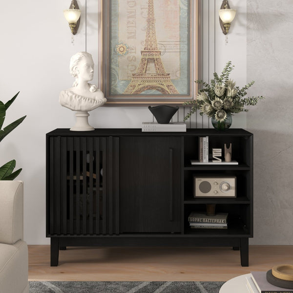 English Elm 47.3" Fluted Farmhouse Sideboard with Solid Wood Feet and Open Shelving for Dining Rooms W1801P428581