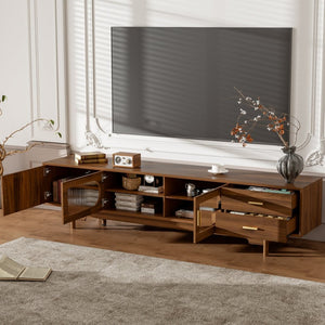 English Elm 78inch Walnut Entertainment Center Fluted Glass Solid Wood Legs Modern Living Room N710P362203P