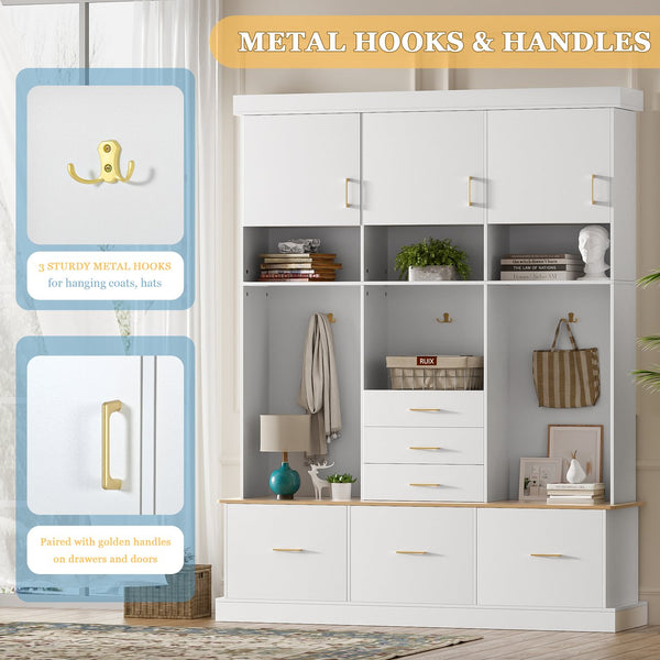 English Elm U-Can Multifunctional 75" Hall Tree with Bench, 3 Cabinets, 6 Drawers, Shelves & Anti-Tip Design White SJ000152AAK