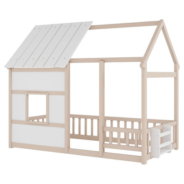 English Elm Twin House Frame Floor Bed Pinewood Build with Led Roofline Kids Bedroom Cream,White W697P435884