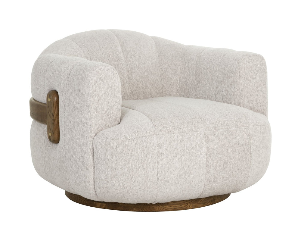 Sunpan TADEO Swivel Armchair - Exquisite Dove Cream Upholstery with Warm Brown Oak Base & Brass Accents 112269