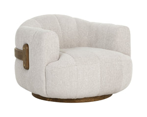 Sunpan TADEO Swivel Armchair - Exquisite Dove Cream Upholstery with Warm Brown Oak Base & Brass Accents 112269
