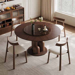 English Elm 59-inch Solid Oak Round Dining Set Wabi-sabi Style with Glass Lazy Susan 4 Chairs W2700S00136