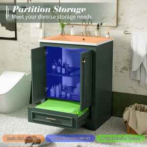 English Elm 24'' Bathroom Vanity with Ceramic Sink Combo Modern Freestanding MDF Cabinet with Soft-Close Doors and Sleek Silver Handles for Spacious Organized Bathroom Storage Green N710P194893F