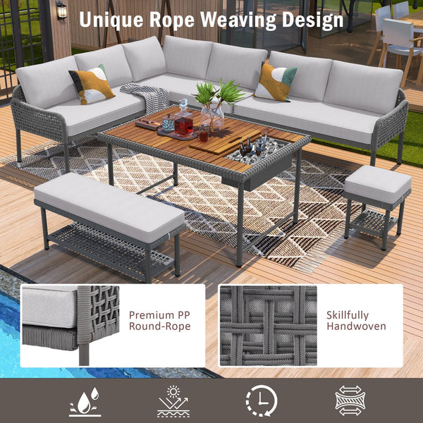 English Elm K&K 6-Piece Rope Patio L-Shaped Sectional Set with Acacia Wood Ice Box Table and Deep Cushions Grey N707S000014G