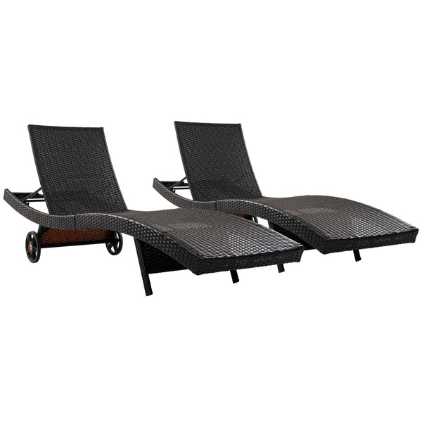 English Elm K&k Outdoor Wicker Reclining Chaise Set 2 Piece with Pull Out Tray Rolling Wheels Black+Brown N707P395515D