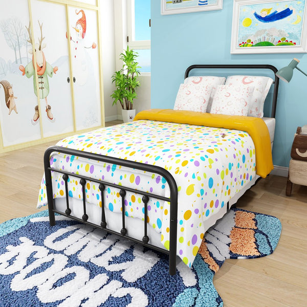English Elm Metal Victorian Platform Bed Frame Twin Black with Decorative Headboard, Footboard & Under-Storage, No Box Spring Needed W84068777