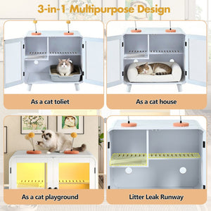 English Elm Cat Litter Box Enclosure Mdf Cabinet with Rgb Lighting Glass Doors and Play Loft White N704P419240K