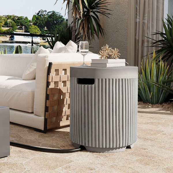 English Elm U_style Outdoor Mgo Propane Tank Cover Round Patio Side Table Fluted Stone Finish Gray N711P410569E