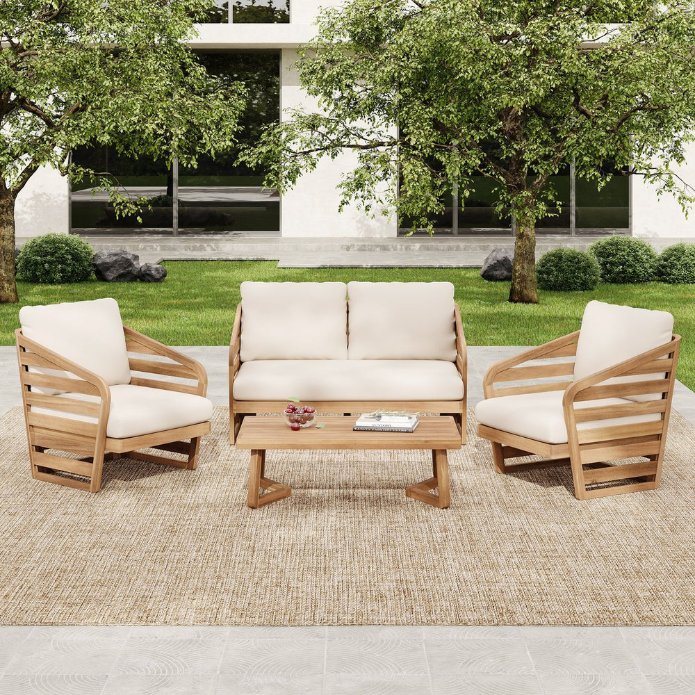 English Elm Christopher Knight Home® - Royal Acacia Wood 4-Piece Patio Chat Set with Teak Finish, Water-Repellent Beige Cushions, Durable N773OC00029B