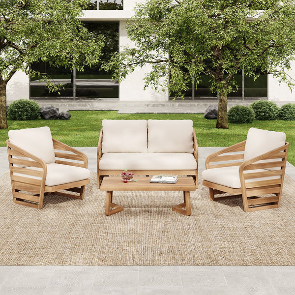 English Elm Christopher Knight Home® - Royal Acacia Wood 4-Piece Patio Chat Set with Teak Finish, Water-Repellent Beige Cushions, Durable N773OC00029B