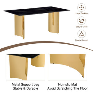 English Elm Table Modern Dining Set With Glass Top, Imitation Marble Finish, 6 Black Pu Chairs & Gold Legs W1151S04328-GIGA