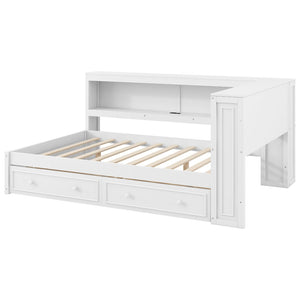 English Elm Full Pine Platform Daybed with Led Lighting Usb Charging Headboard Shelf and Drawers White N7090004032K