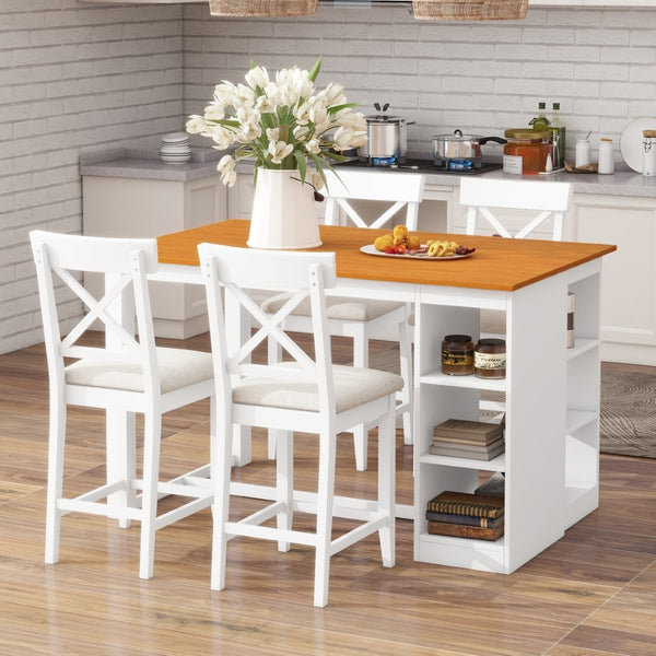 English Elm Topmax 5-Piece Farmhouse Counter Height Dining Set With Storage Shelves & Upholstered Chairs, White N717S000141K-GIGA