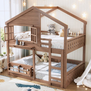 English Elm Full Bunk Bed with Trundle Bookshelf Storage Pine Frame Car Design for Kids Natural W1580S00522