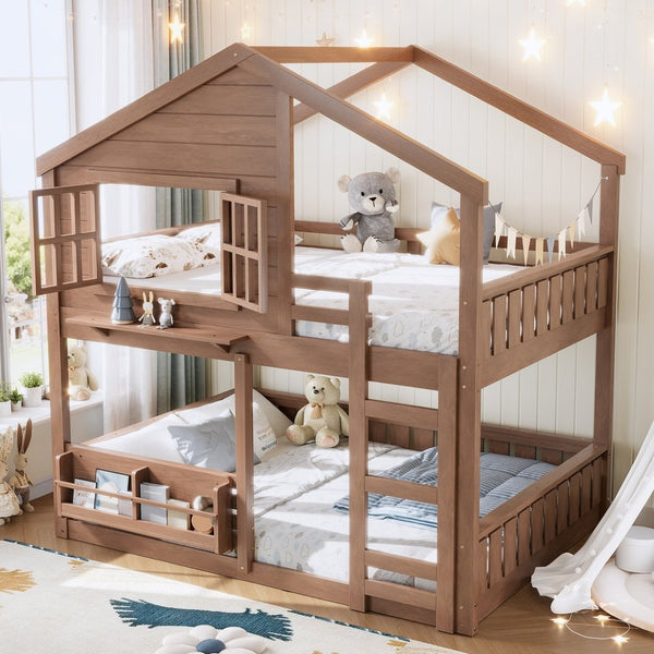 English Elm Full Bunk Bed with Trundle Bookshelf Storage Pine Frame Car Design for Kids Natural W1580S00522