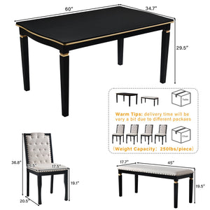 English Elm 6-Piece Kitchen Dining Set with 60" Rectangular Table, Tufted High-Back Chairs & Bench, Durable Wood Black N752S001080B