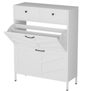 English Elm Shoe Cabinet Slim Steel Entryway Organizer with Flip Compartments and Retro White Finish T2398P413025