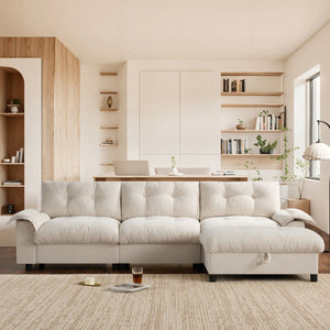 English Elm 104*60" Sectional Sofa with Hidden Ottoman Storage, Tufted Chenille, USB Ports, Cup Holder Beige N723S9806A