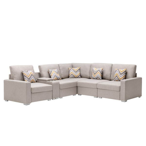 English Elm Nereo Six Piece Modular Sectional Linen Sofa with Built in Charging Console B2749S00125