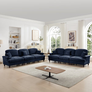 English Elm Classic Modular Sleeper Sofa With Ruffle Skirts, Flared Arms, And Movable Ottomans In Elegant Blue W3041S00259