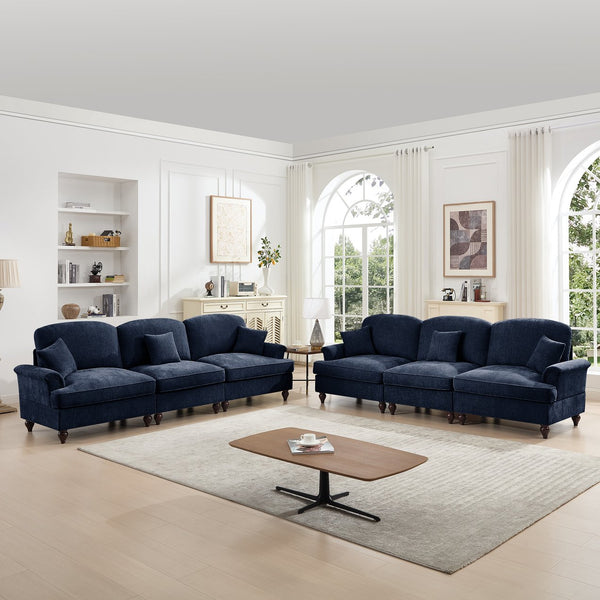 English Elm Classic Modular Sleeper Sofa With Ruffle Skirts, Flared Arms, And Movable Ottomans In Elegant Blue W3041S00259