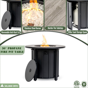 English Elm 30" 30inch Propane Fire Pit Table 50,000 BTU Steel Frame Wood Grain Ceramic Top Outdoor Patio W853P301524