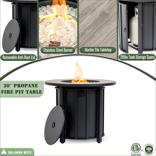 English Elm 30" 30inch Propane Fire Pit Table 50,000 BTU Steel Frame Wood Grain Ceramic Top Outdoor Patio W853P301524